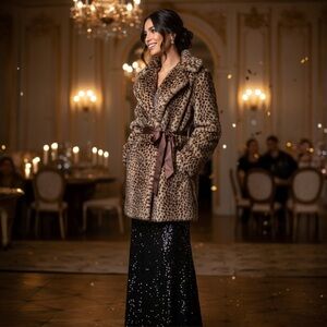 Vintage Size Large Dennis Basso Dark Brown Faux Fur Cheetah Coat Midi Winter